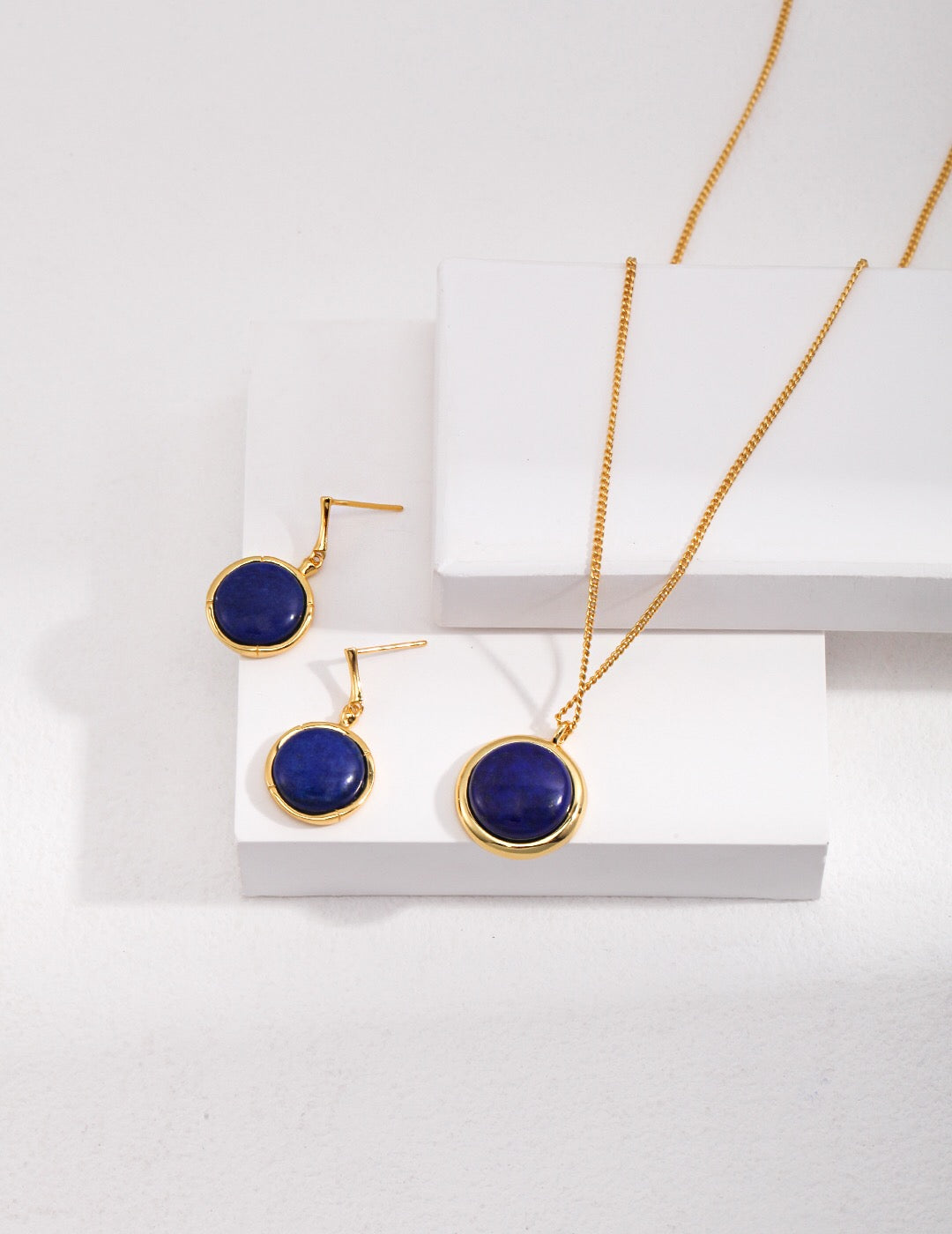 Natural Lapis Lazuli Stone Round Necklace with gold vermeil chain, showcasing a deep blue pendant.