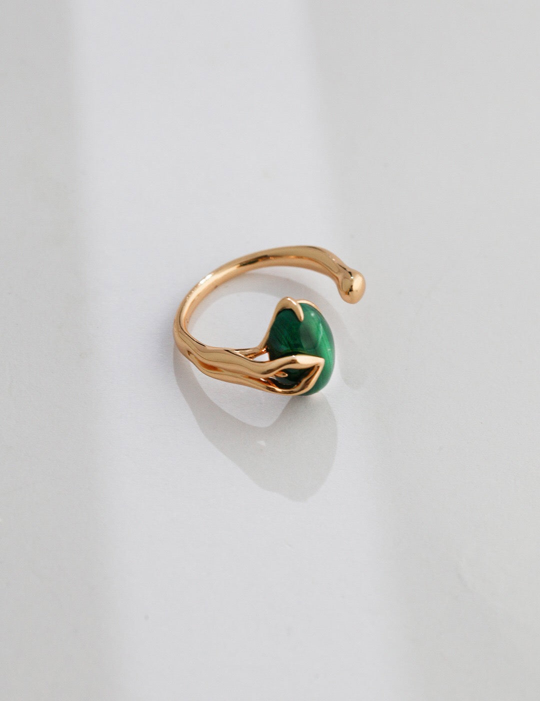 A stunning Natural Malachite Open Ring featuring a vibrant green malachite stone set in gold vermeil, adjustable for comfort.