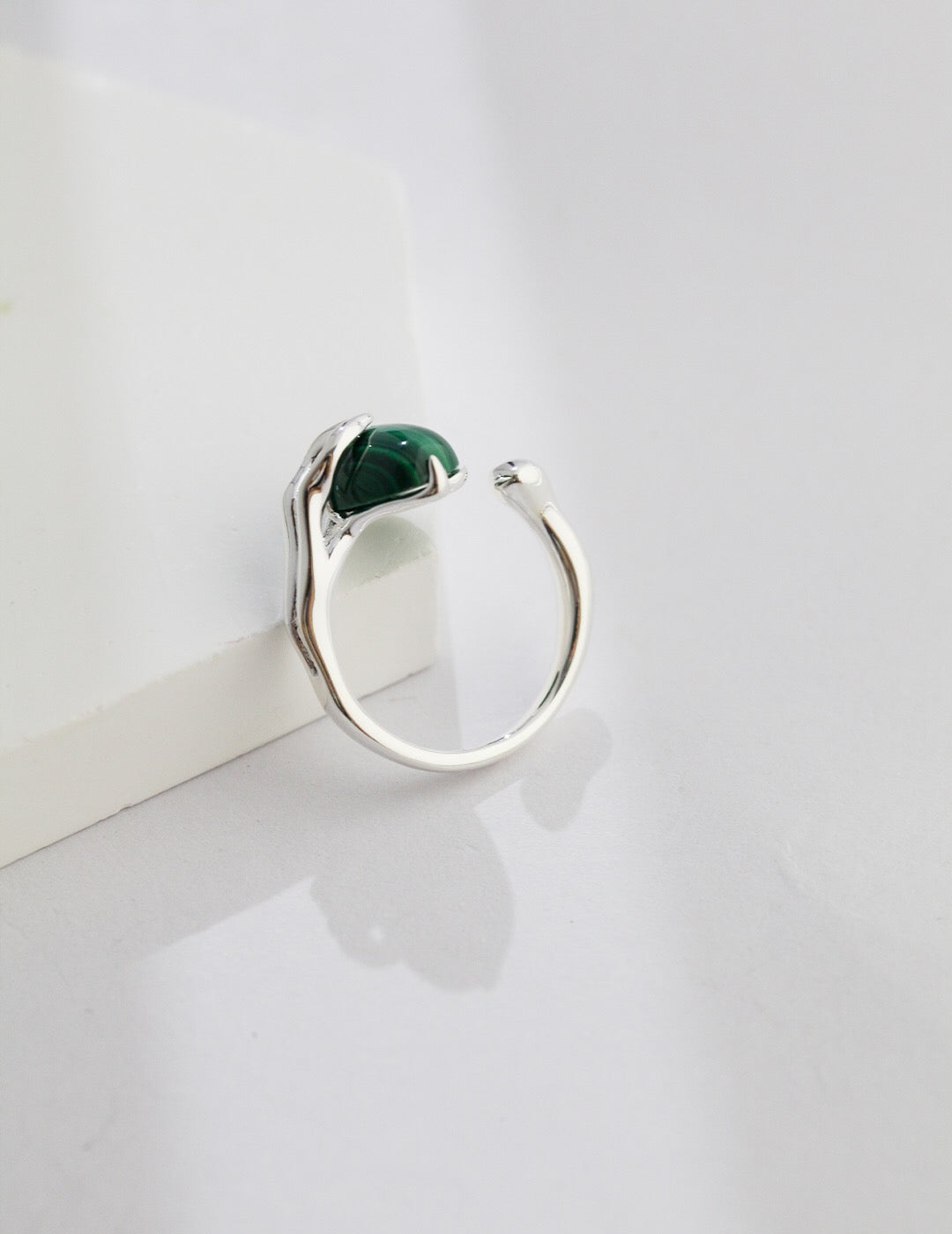 A stunning Natural Malachite Open Ring featuring a vibrant green malachite stone set in gold vermeil, adjustable for comfort.