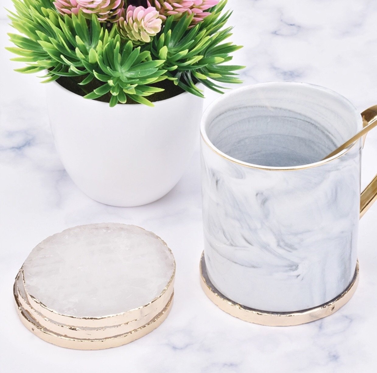 A set of Natural Quartz Drink Coasters showcasing unique patterns and colors, perfect for home decor and protecting surfaces.