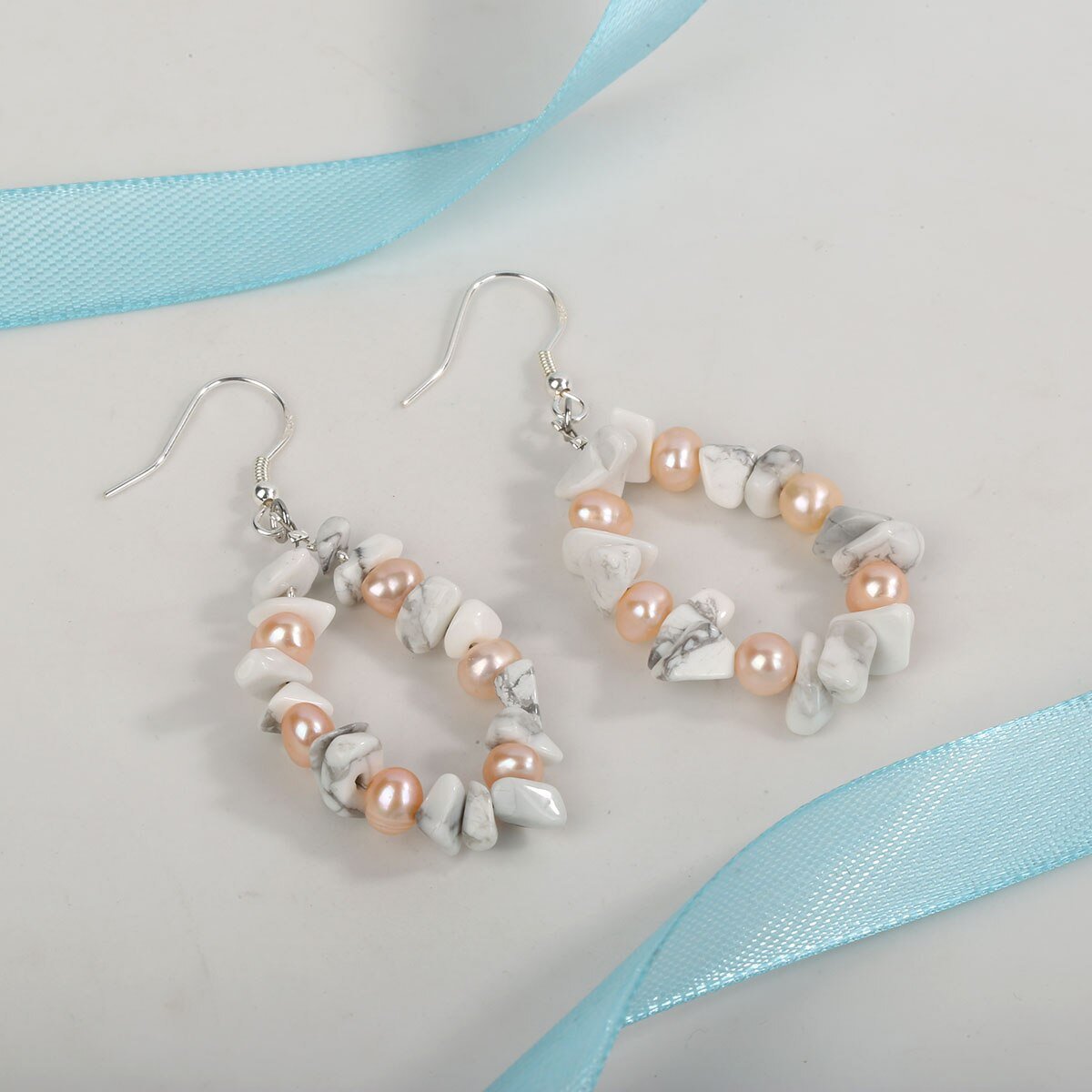 Elegant Natural Howlite Pearl 925 Sterling Silver Drop Dangle Earrings showcasing freshwater pearls and unique howlite stones.