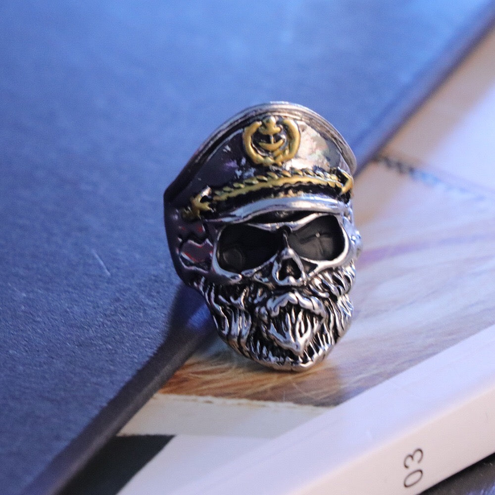 A stylish Navy Captain Ring made from durable alloy, featuring intricate details and a polished finish, available in various sizes.