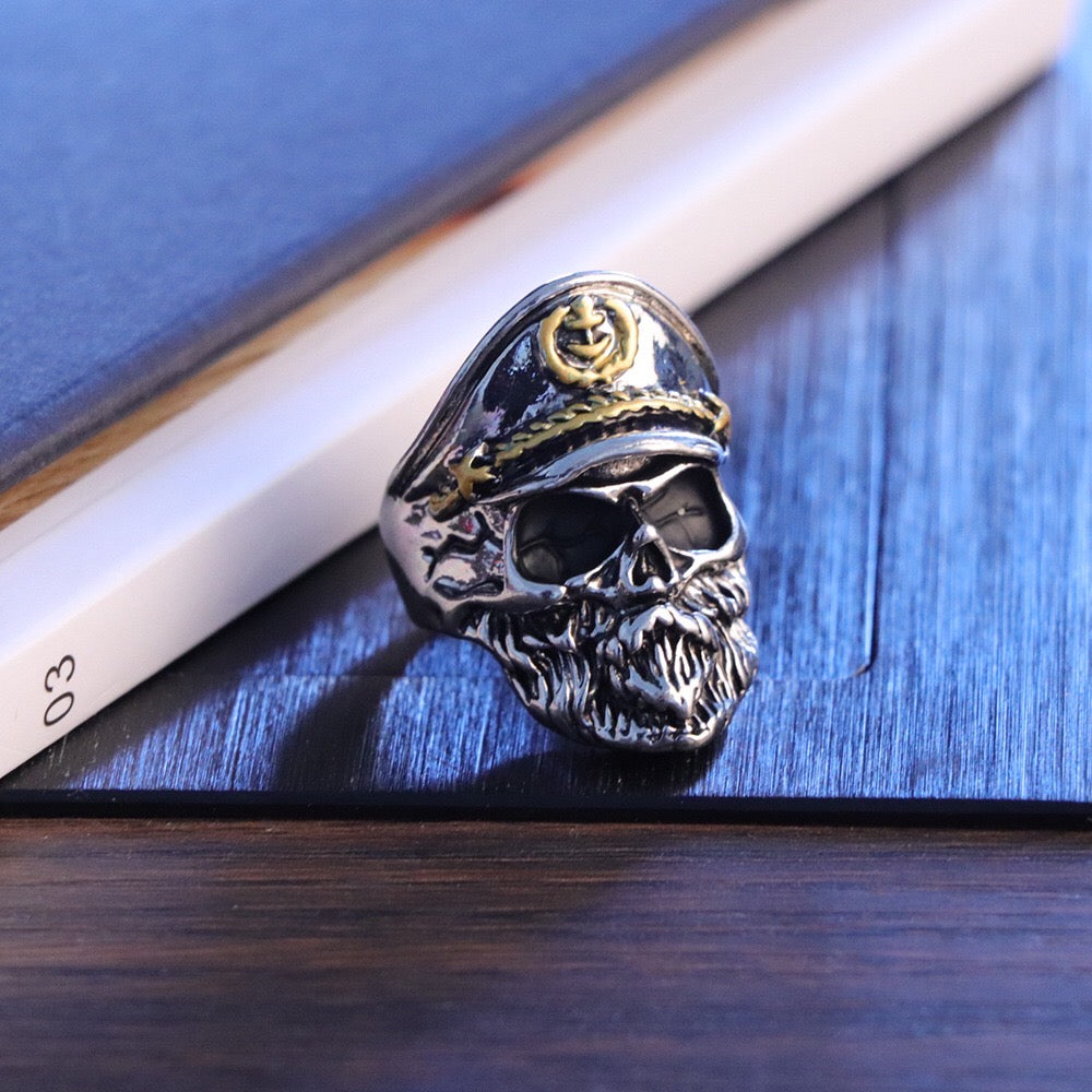 A stylish Navy Captain Ring made from durable alloy, featuring intricate details and a polished finish, available in various sizes.