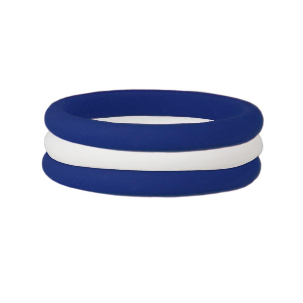 Navy and white stackable silicone ring displayed on a neutral background, showcasing its sleek design and flexibility.