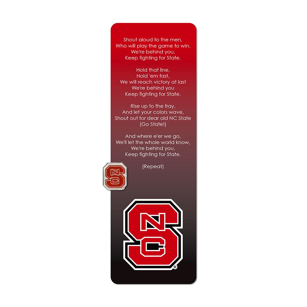 NC State Bookmark and Pin featuring the NC State logo and fight song, perfect for fans.