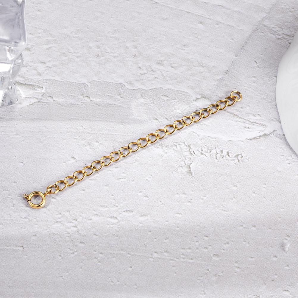 A stylish necklace extender made of 316L surgical stainless steel with 14K gold PVD plating, showcasing its elegant design and durability.