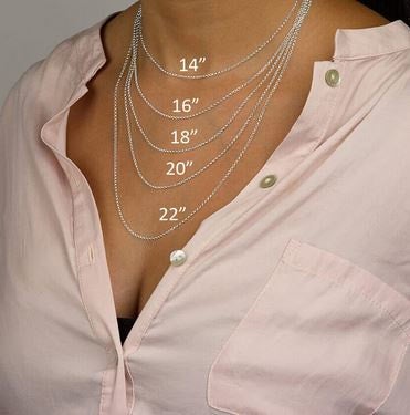 A visual guide showcasing various necklace lengths with pendants, illustrating how they fit on a model's neck.