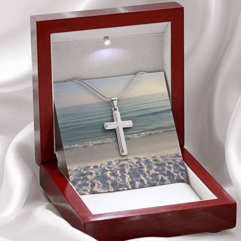 Artisan-crafted stainless steel cross necklace with adjustable snake chain and lobster clasp, showcasing elegant design.