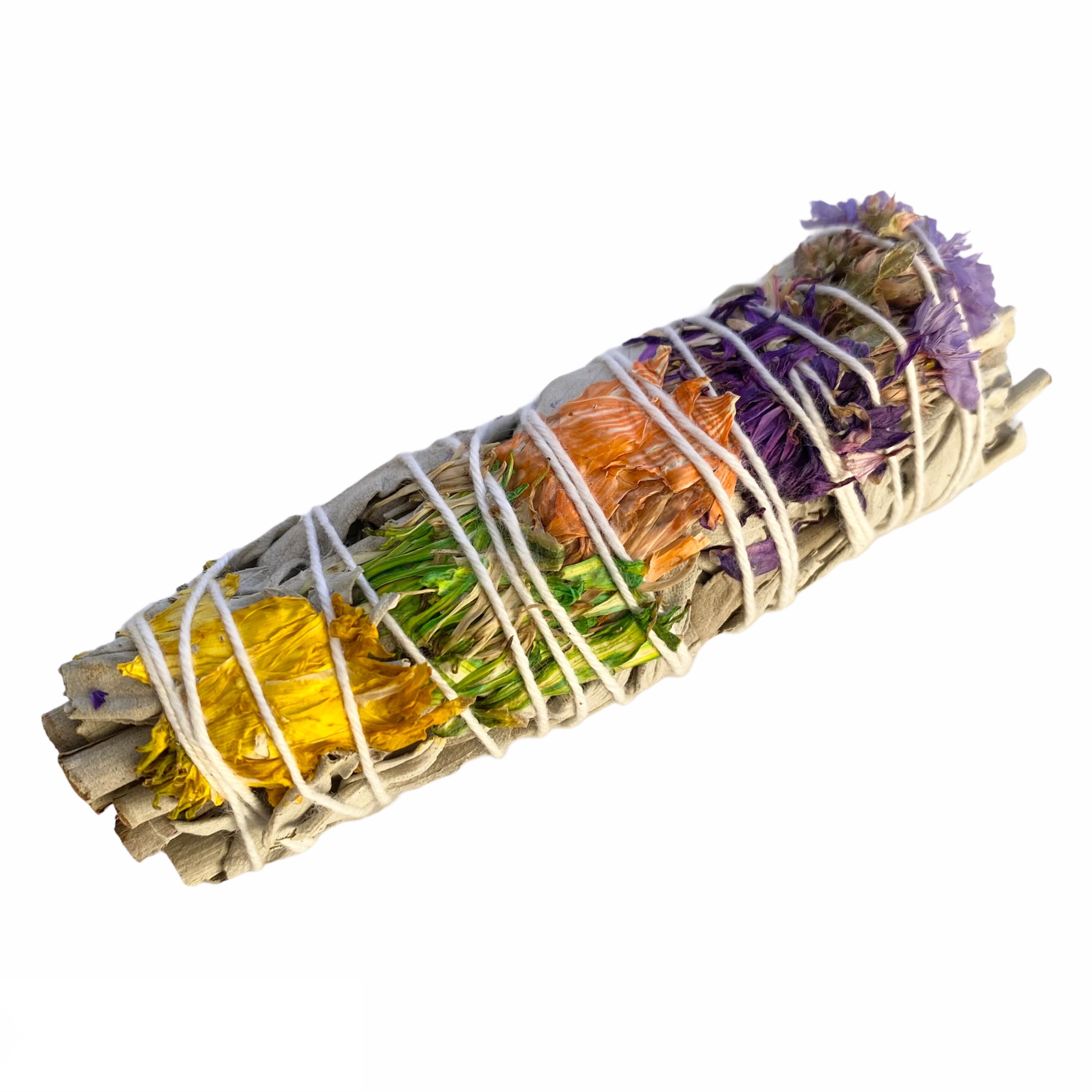 New Beginnings Botanical Smudge Stick featuring white sage, daisy flowers, and purple lilac statice, measuring 4 inches long.