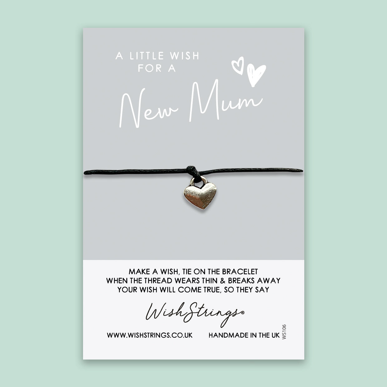 New Mum WishStrings Wish Bracelet featuring a heart star-shaped charm on a waxed cotton cord, accompanied by an inspirational wish card.