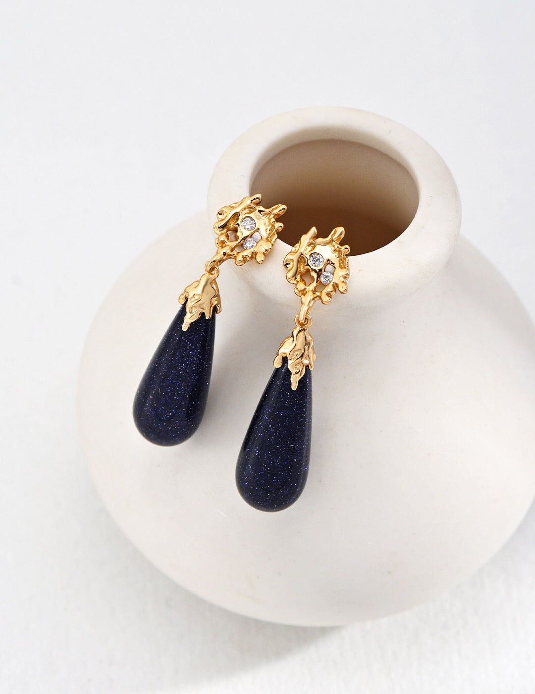 Elegant Night Sky Blue Sandstone Earrings featuring gold vermeil and zircon, showcasing a celestial design.