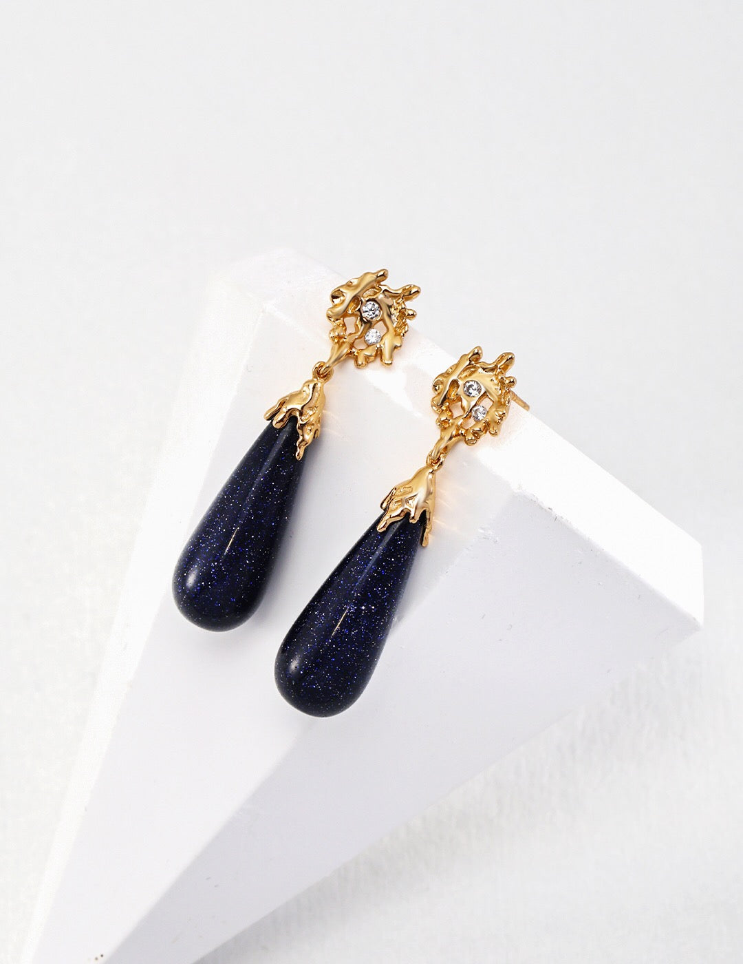 Elegant Night Sky Blue Sandstone Earrings featuring gold vermeil and zircon, showcasing a celestial design.