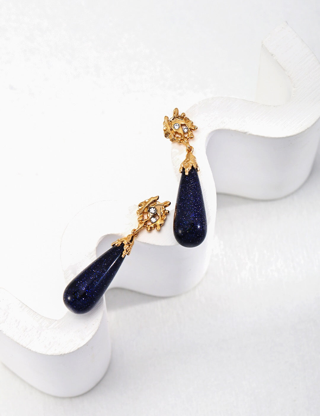 Elegant Night Sky Blue Sandstone Earrings featuring gold vermeil and zircon, showcasing a celestial design.