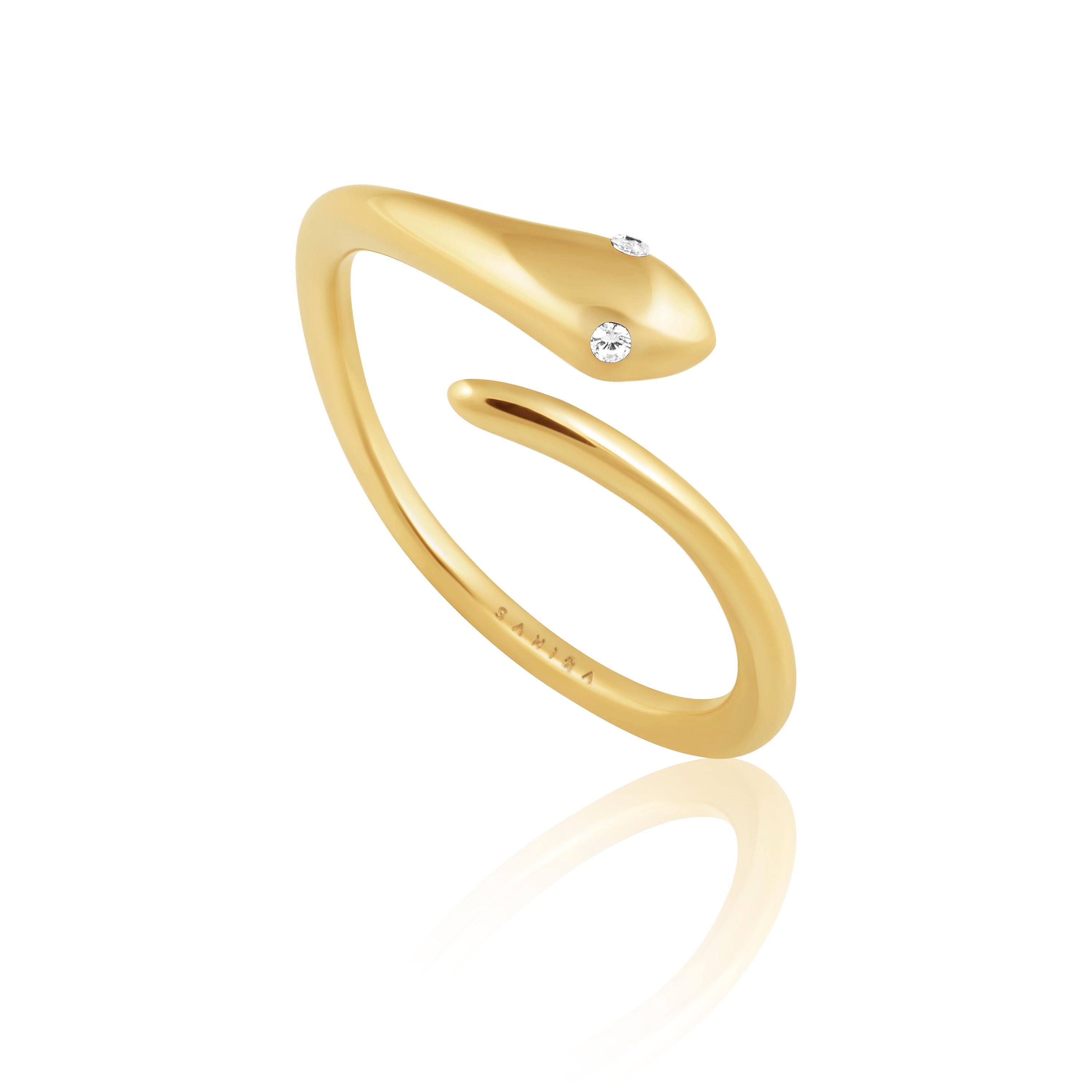 A stylish Nile Snake Ring featuring a thin wrapped band with cubic zirconia stones, elegantly designed for edgy fashion.