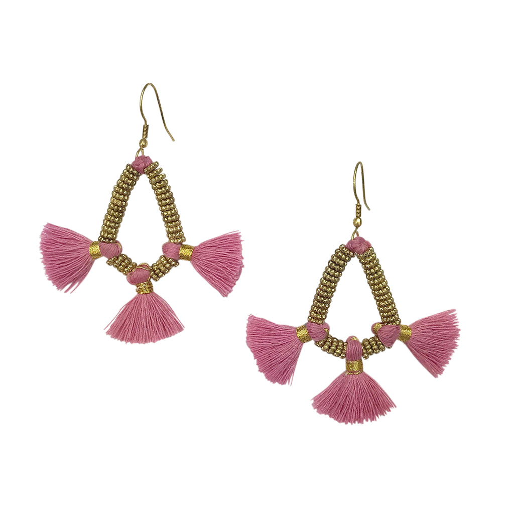 Nira Fringe Earrings featuring colorful tassels and intricate design, handmade in India.