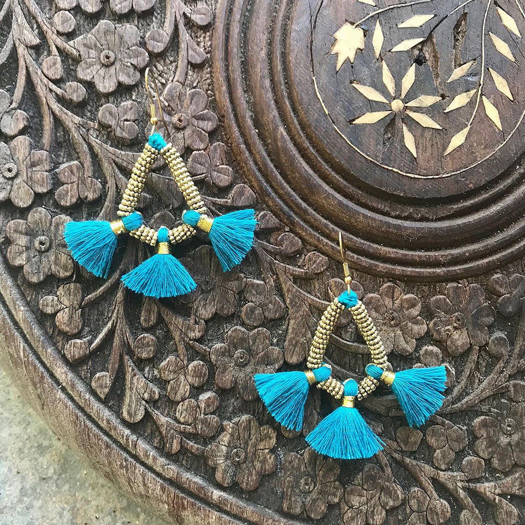 Nira Fringe Earrings featuring colorful tassels and intricate design, handmade in India.