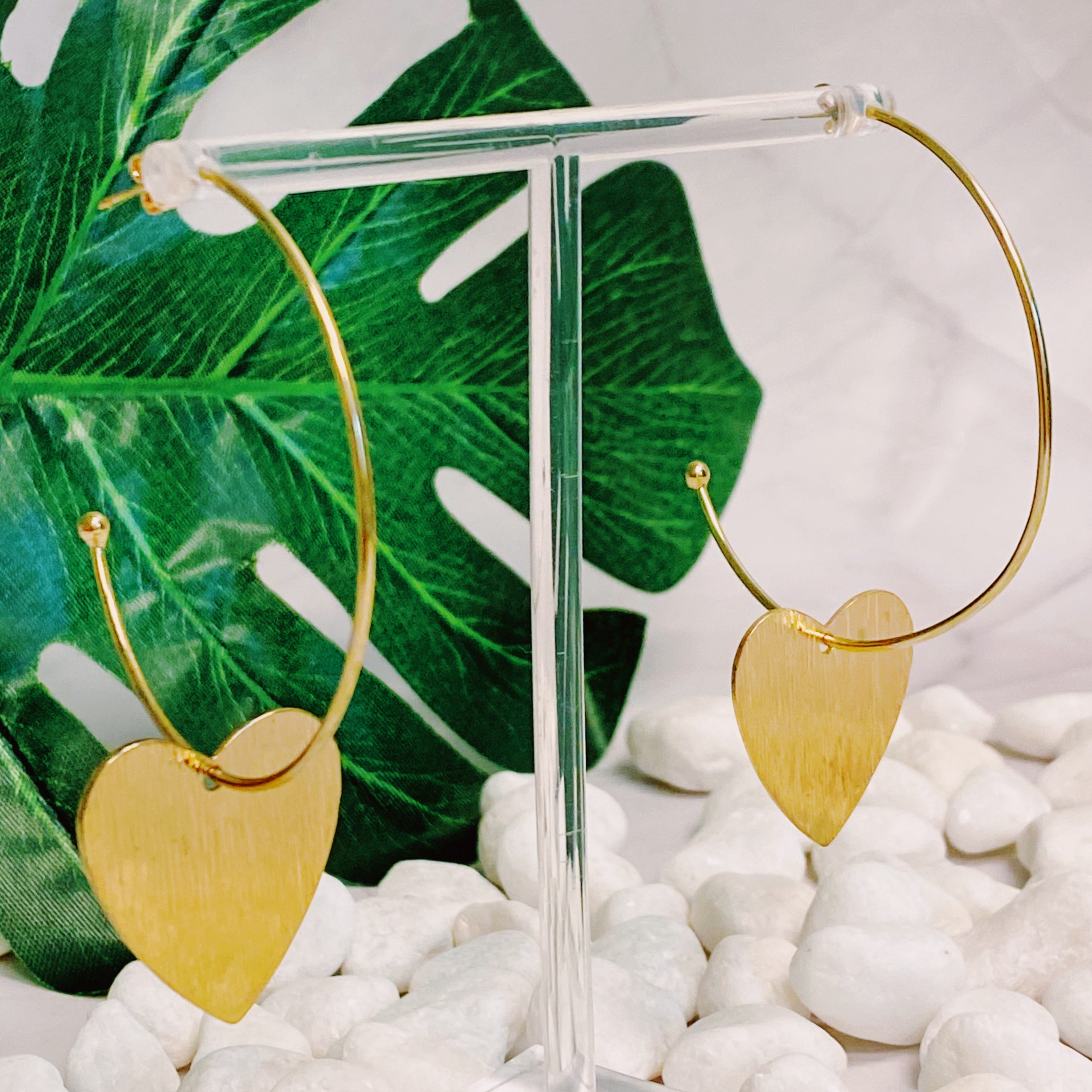 Stylish No Games Heart Hoop Earrings featuring a brushed texture heart pendant on a slim gold plated brass hoop.