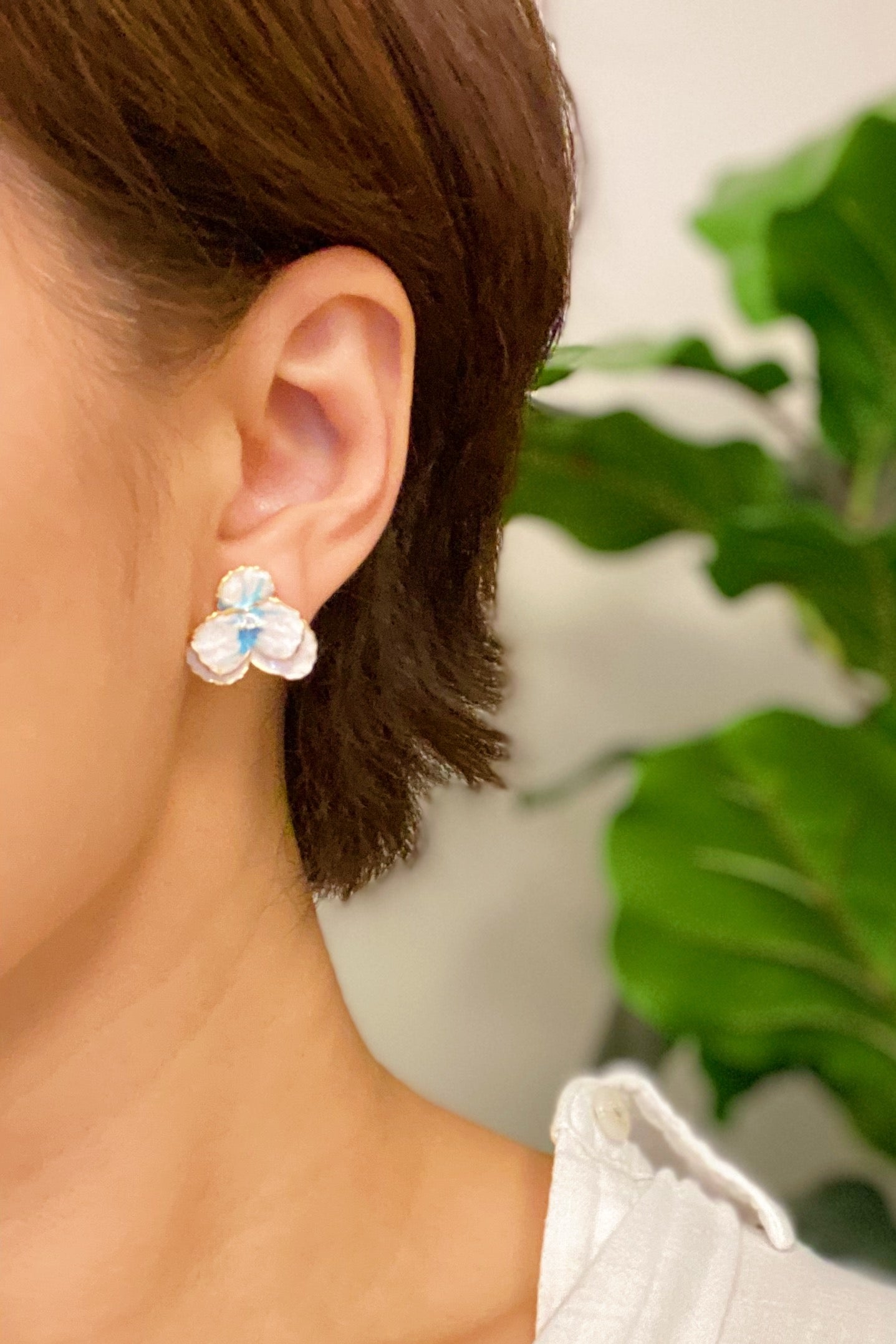 Noble Bloom Flower Earrings featuring white and blue enamel finish with 18K gold plated brass.