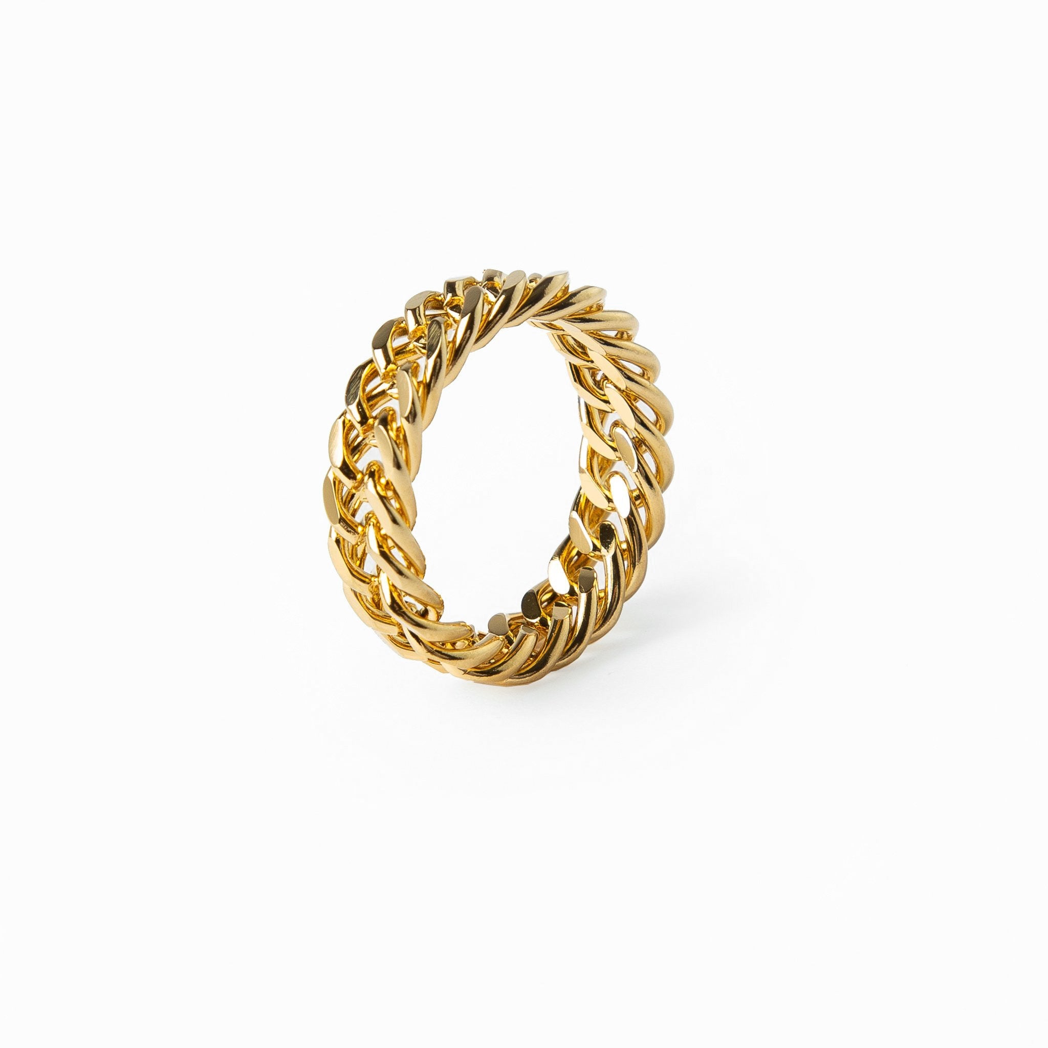 Noor Curb Link Chain Ring in Gold, showcasing its elegant design and premium stainless steel finish.