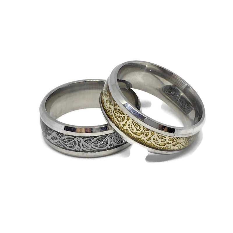 Nordic Dragon Pattern Band Ring made of stainless steel with intricate dragon design, available in various colors and sizes.