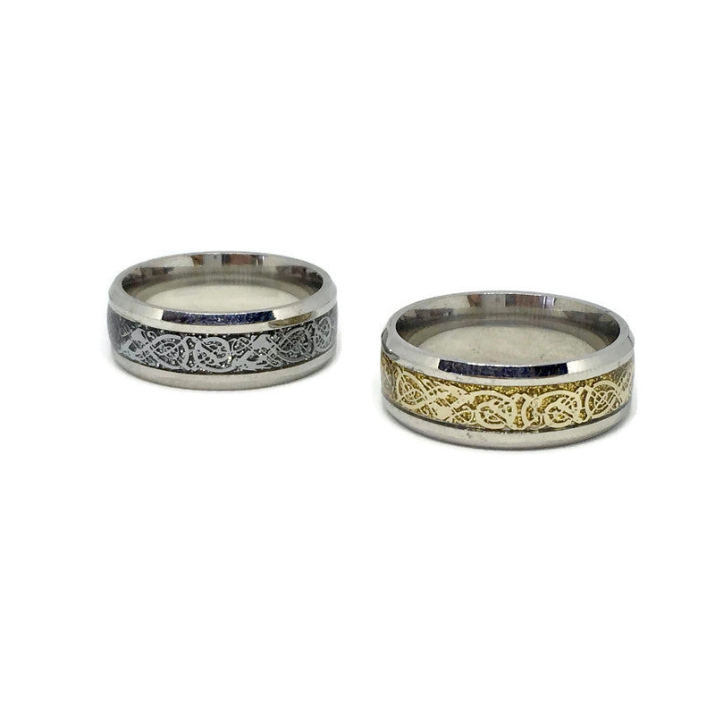 Nordic Dragon Pattern Band Ring made of stainless steel with intricate dragon design, available in various colors and sizes.