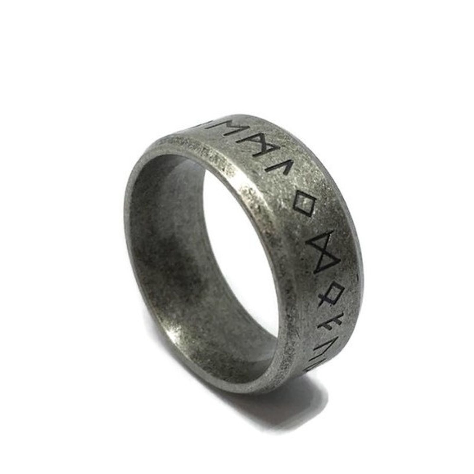 Nordic Inscription Band Ring made of stainless steel, featuring intricate designs and a polished finish, suitable for unisex wear.