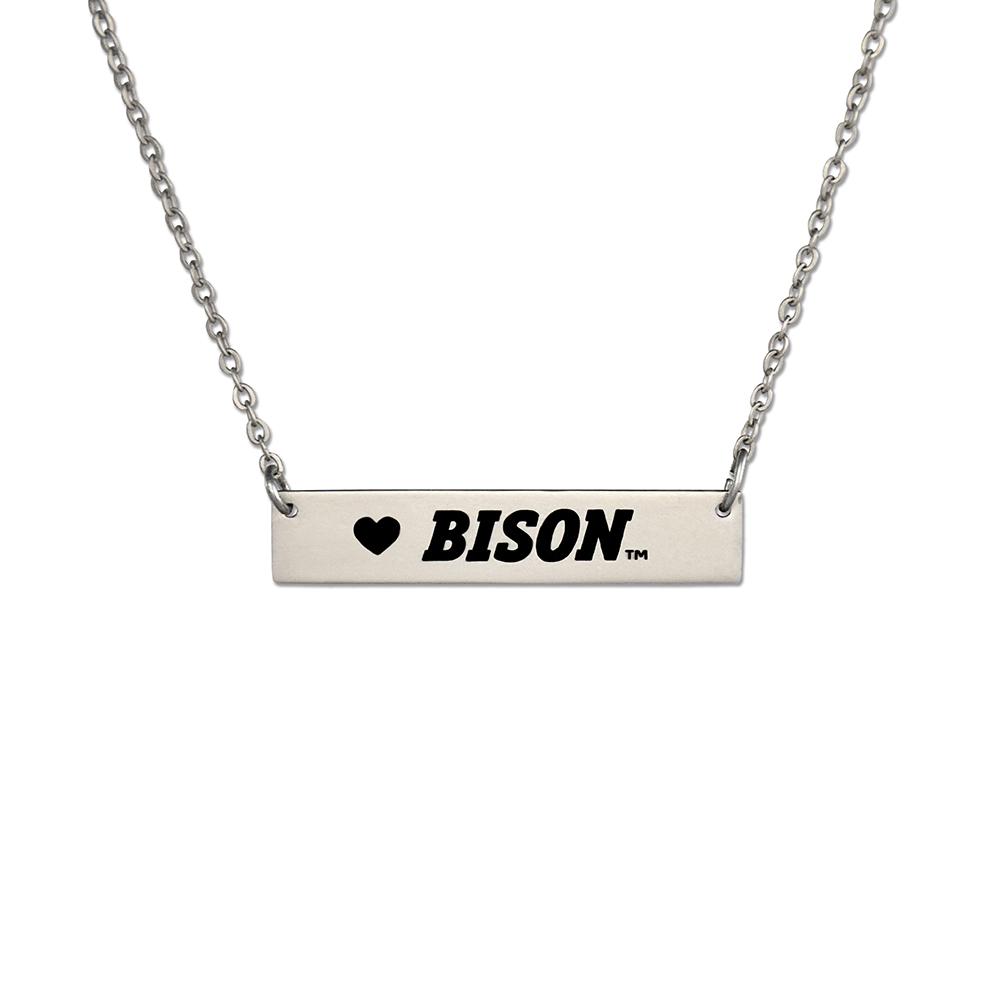 North Dakota State Bar Necklace featuring brushed silver finish and adjustable chain.