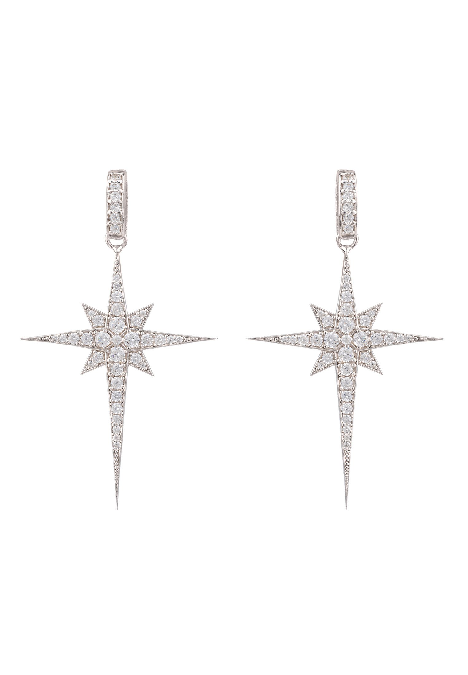 North Star Burst Large Drop Earrings in Silver featuring a star burst design adorned with cubic zirconia, elegantly hanging from a stud backing.