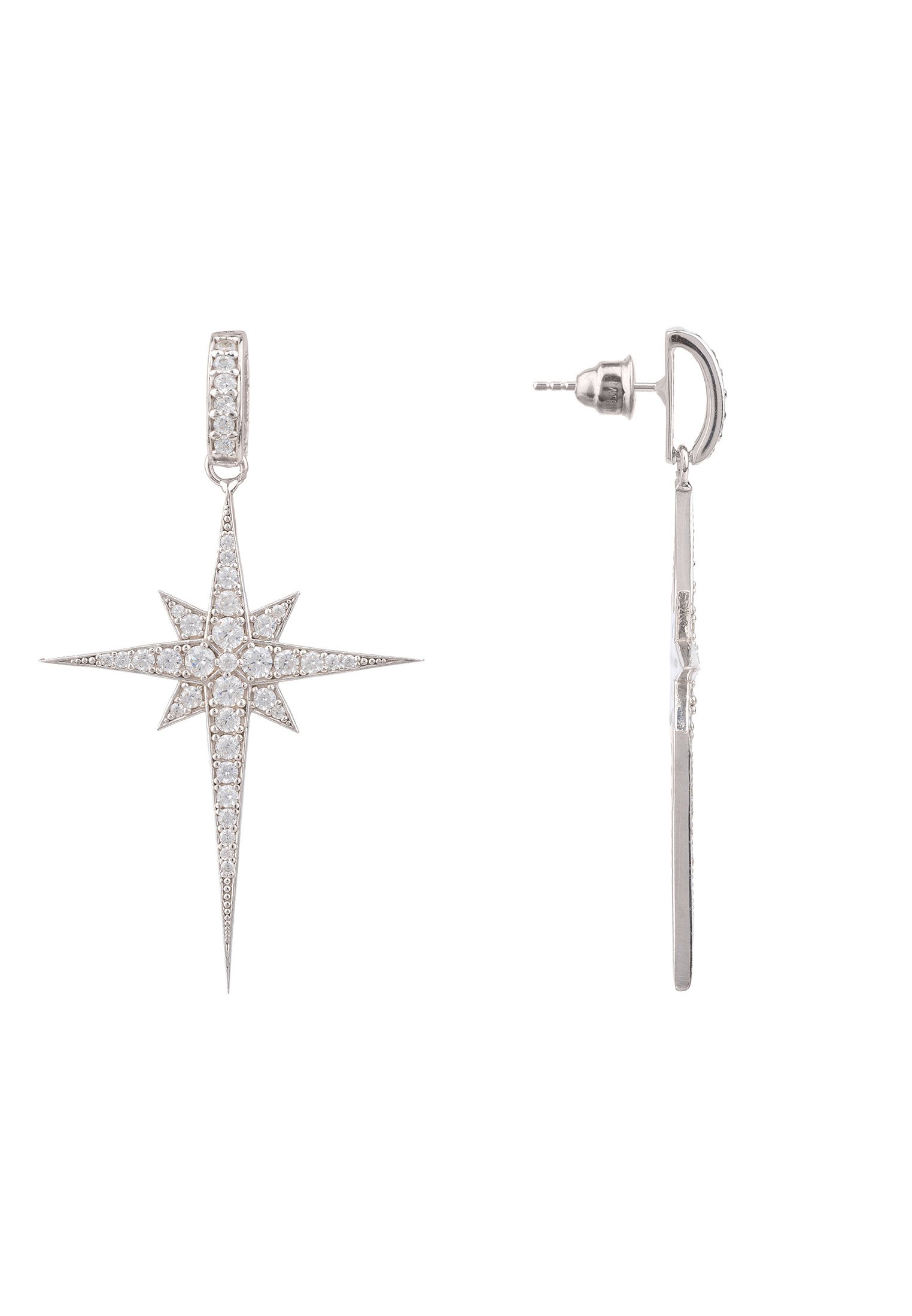 North Star Burst Large Drop Earrings in Silver featuring a star burst design adorned with cubic zirconia, elegantly hanging from a stud backing.