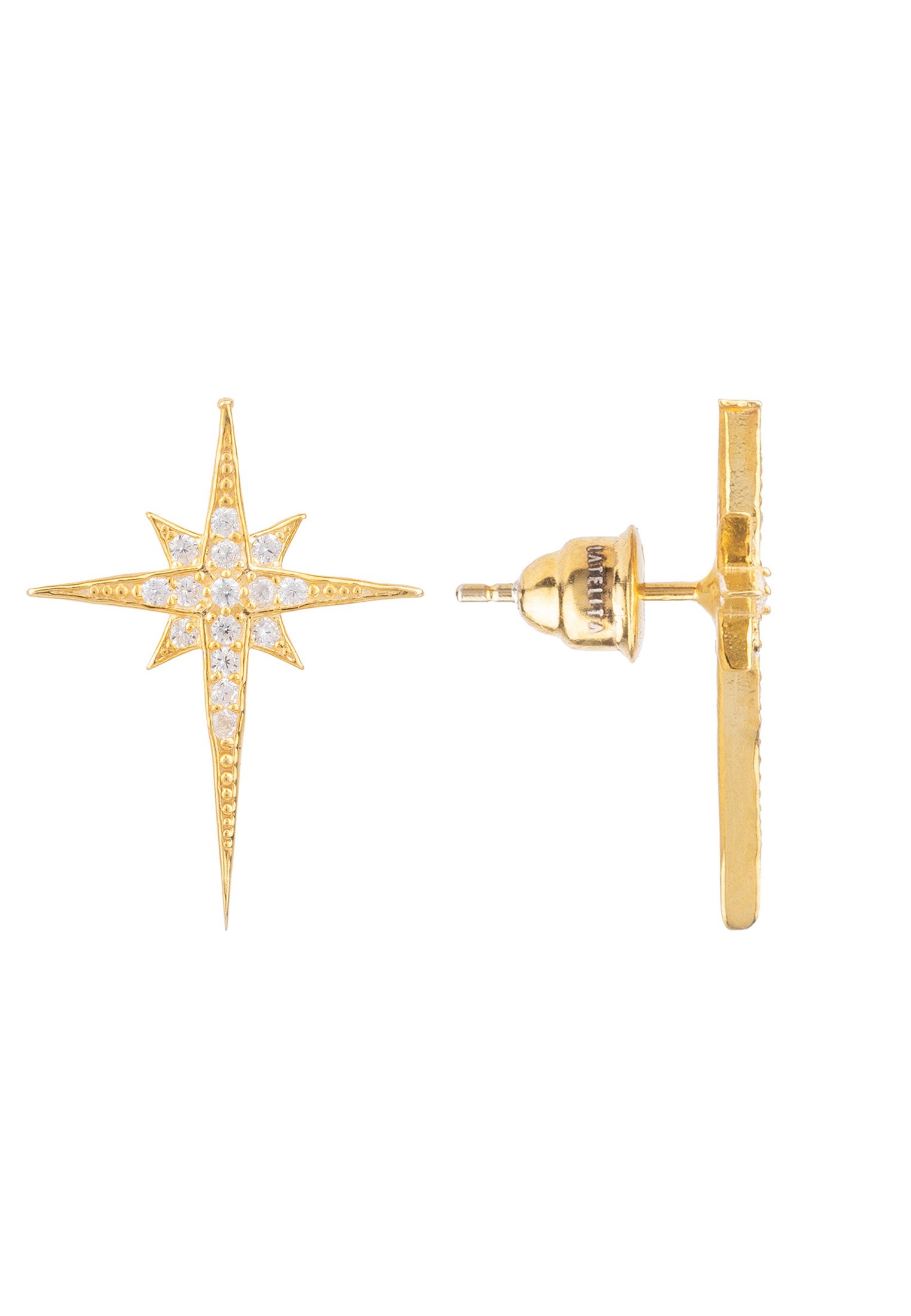 North Star Small Stud Earrings in Gold with sparkling zirconia, elegantly designed in a star shape.