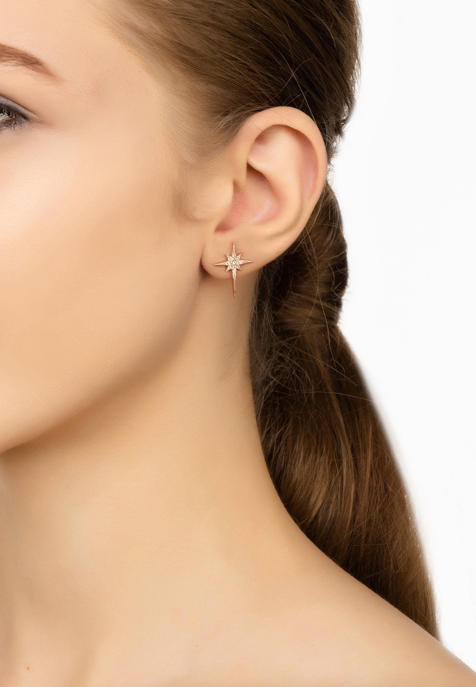 North Star Small Stud Earrings in rosegold with sparkling zirconia, elegantly designed to resemble a star.