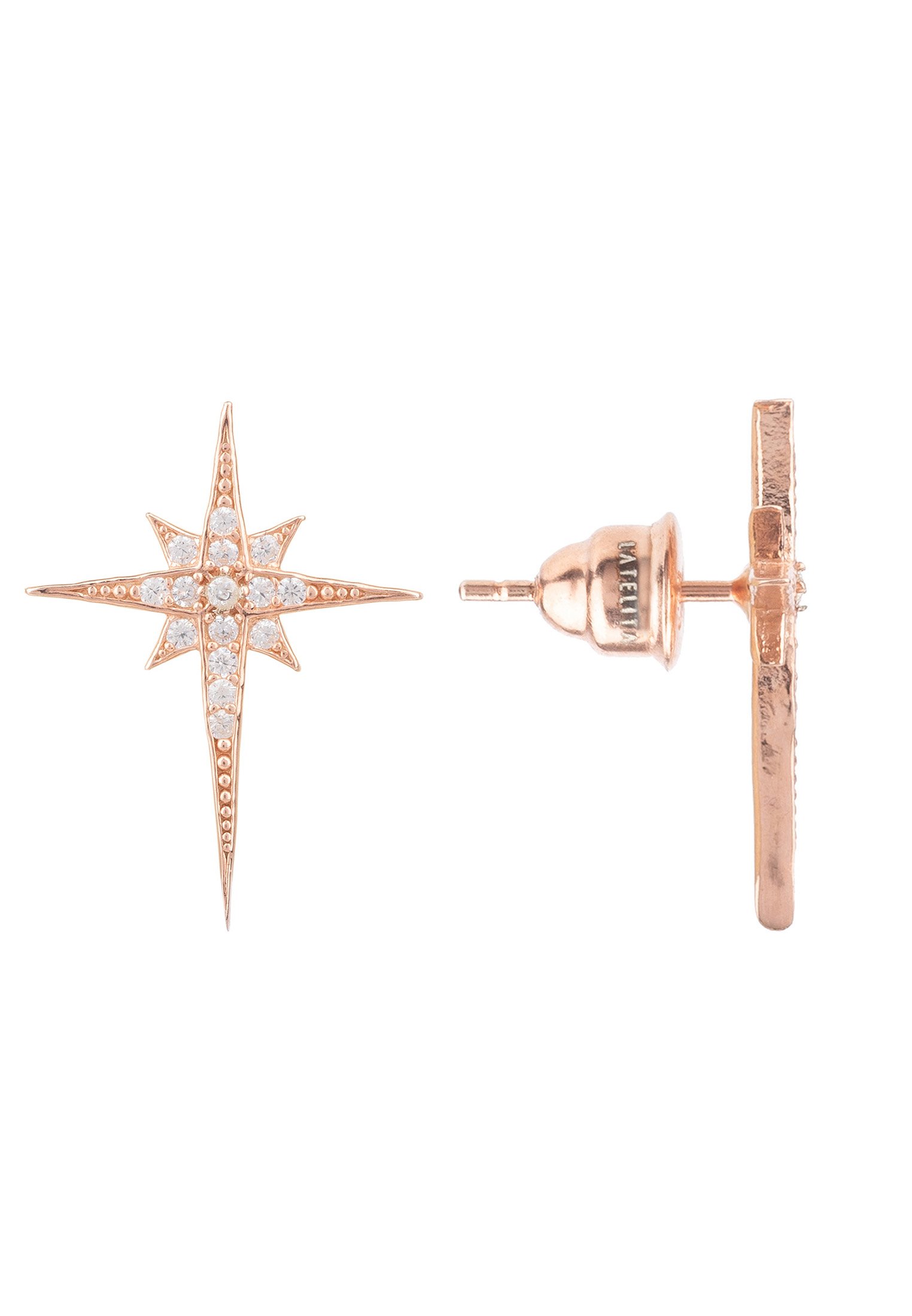 North Star Small Stud Earrings in rosegold with sparkling zirconia, elegantly designed to resemble a star.