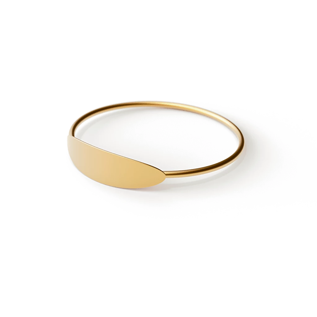 Elegant oblong bracelet made of hypoallergenic stainless steel with a 24k gold coating, showcasing its unique design and luxurious finish.