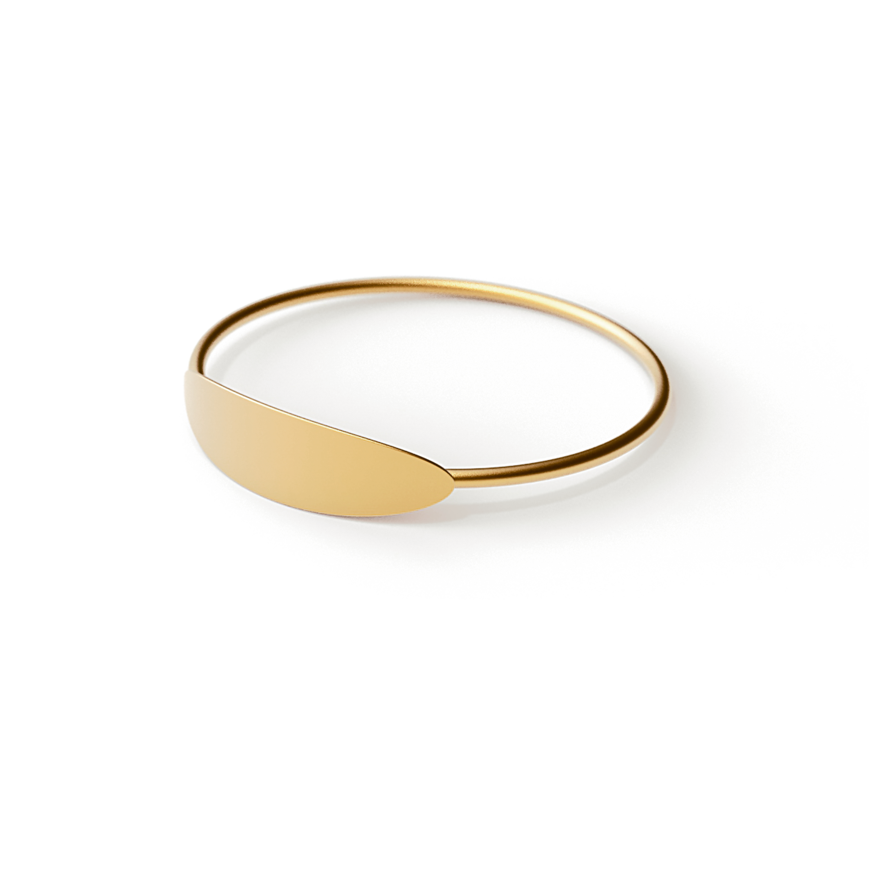 Elegant oblong bracelet made of hypoallergenic stainless steel with a 24k gold coating, showcasing its unique design and luxurious finish.