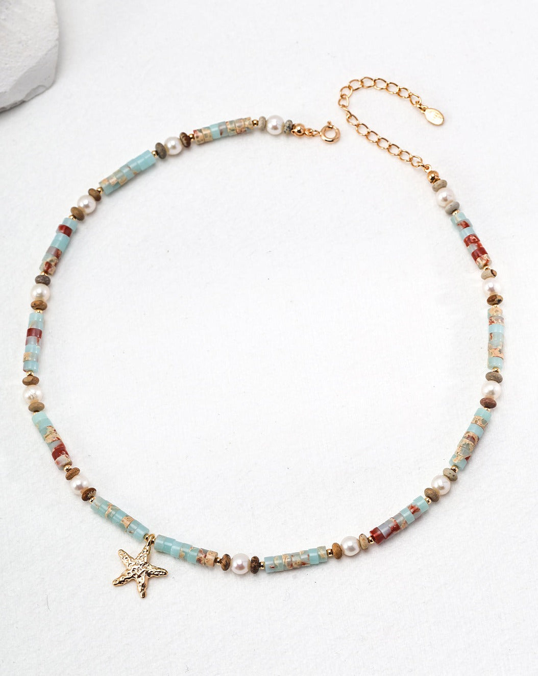 Ocean Breeze Necklace featuring Shoushan Stone beads and natural pearls, elegantly designed with a pendant.