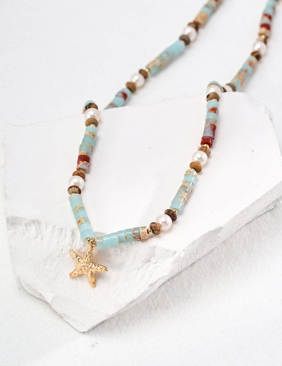 Ocean Breeze Necklace featuring Shoushan Stone beads and natural pearls, elegantly designed with a pendant.