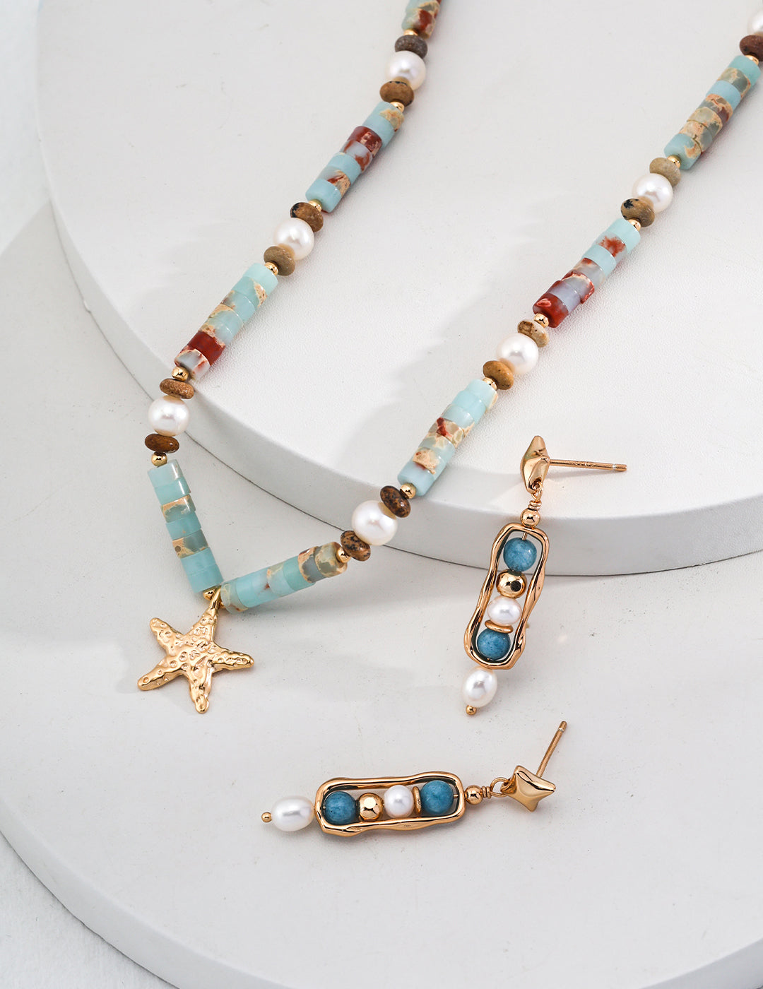 Ocean Breeze Necklace featuring Shoushan Stone beads and natural pearls, elegantly designed with a pendant.