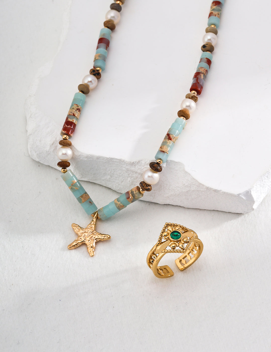 Ocean Breeze Necklace featuring Shoushan Stone beads and natural pearls, elegantly designed with a pendant.