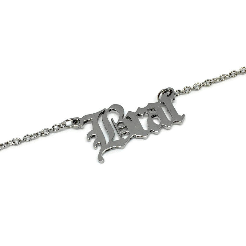 A stylish Old English Brat Necklace made of stainless steel, featuring a sleek pendant and a 50cm chain, available in various colors.