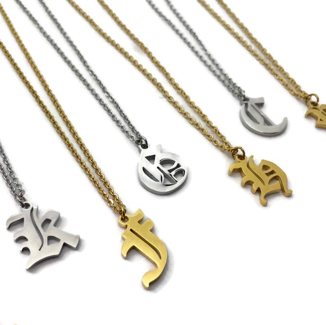 A stylish Old English Initial Necklace made of stainless steel, featuring a personalized initial pendant and a 50cm chain, available in various colors.