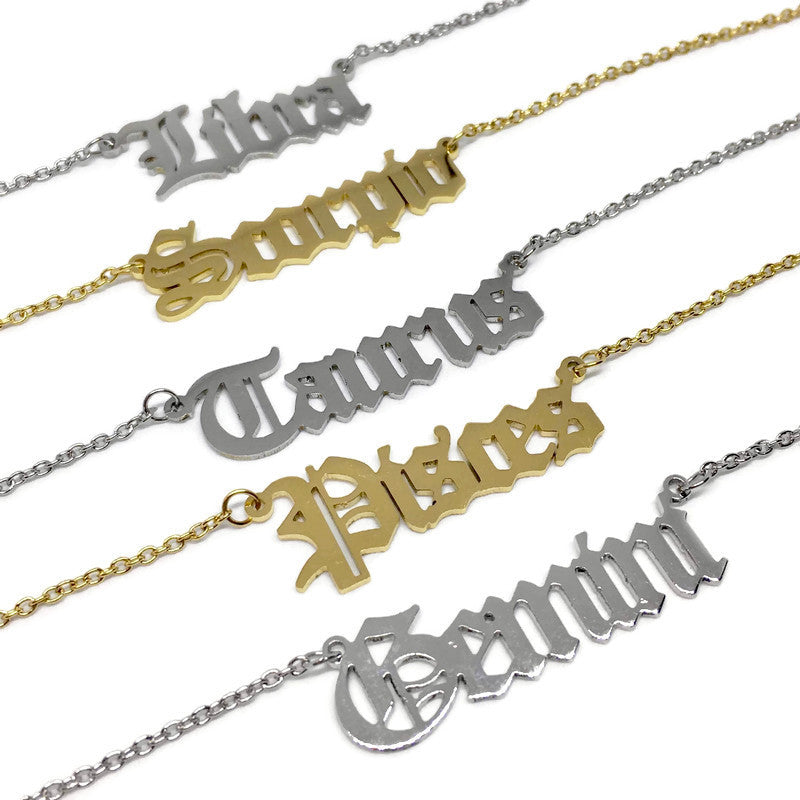 Old English Zodiac Necklace featuring a stainless steel pendant and chain, customizable by color and star sign.