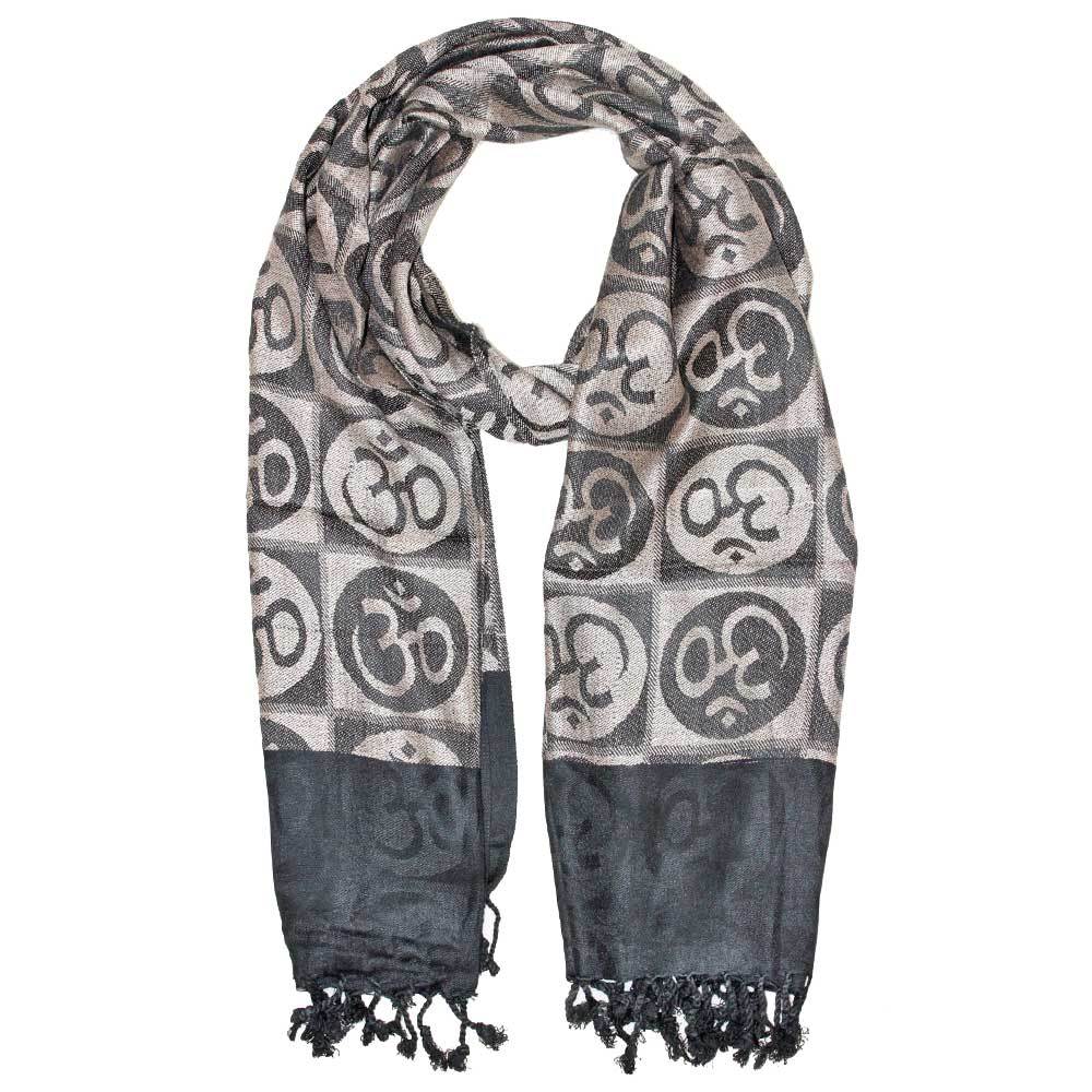 A beautifully handwoven scarf featuring the Om meditation symbol with braided tassels, showcasing its intricate design and vibrant colors.