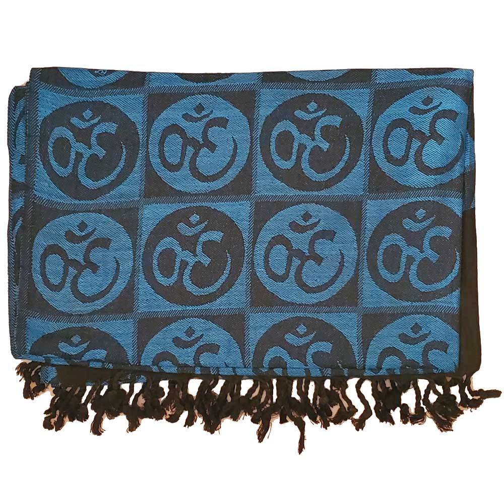 A beautifully handwoven scarf featuring the Om meditation symbol with braided tassels, showcasing its intricate design and vibrant colors.