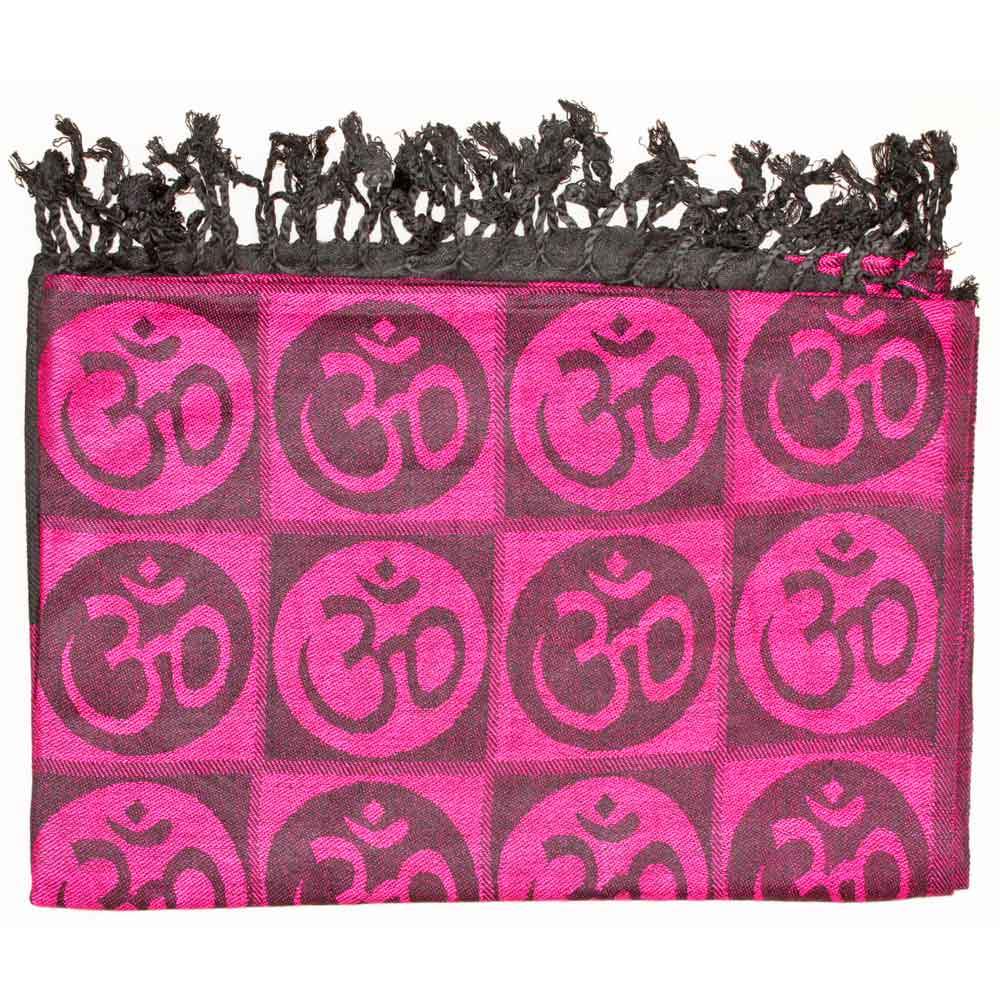 A beautifully handwoven scarf featuring the Om meditation symbol with braided tassels, showcasing its intricate design and vibrant colors.