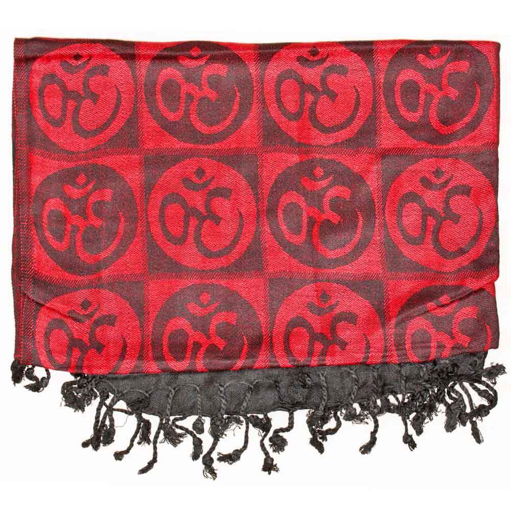 A beautifully handwoven scarf featuring the Om meditation symbol with braided tassels, showcasing its intricate design and vibrant colors.