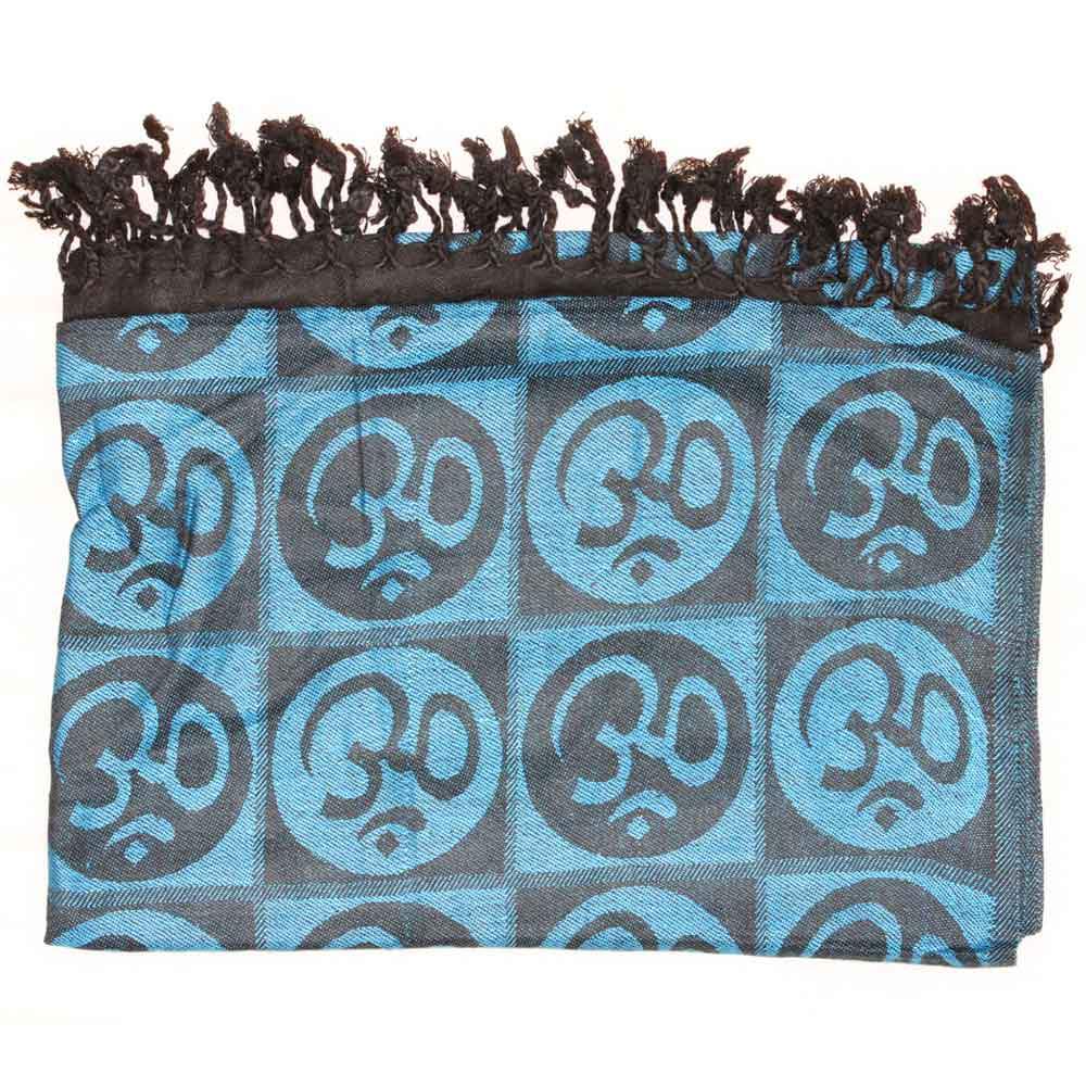 A beautifully handwoven scarf featuring the Om meditation symbol with braided tassels, showcasing its intricate design and vibrant colors.