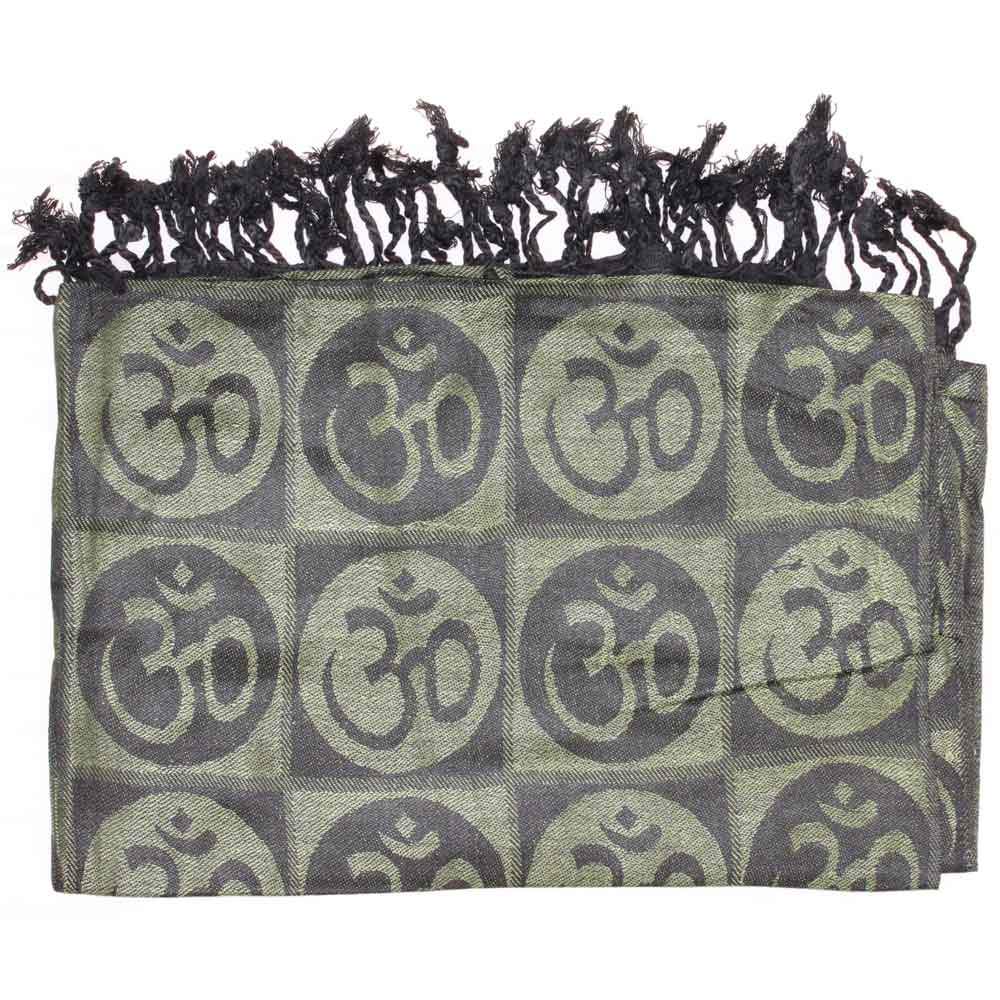 A beautifully handwoven scarf featuring the Om meditation symbol with braided tassels, showcasing its intricate design and vibrant colors.