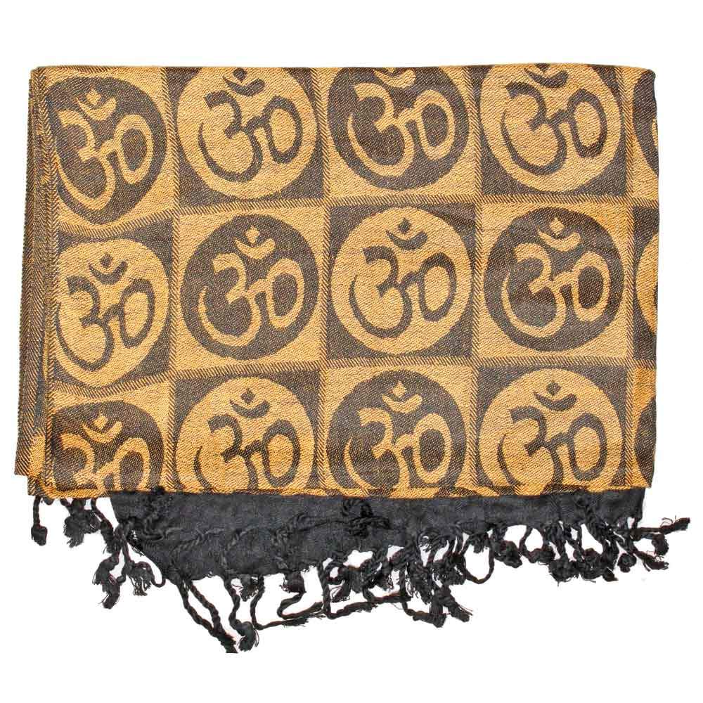 A beautifully handwoven scarf featuring the Om meditation symbol with braided tassels, showcasing its intricate design and vibrant colors.