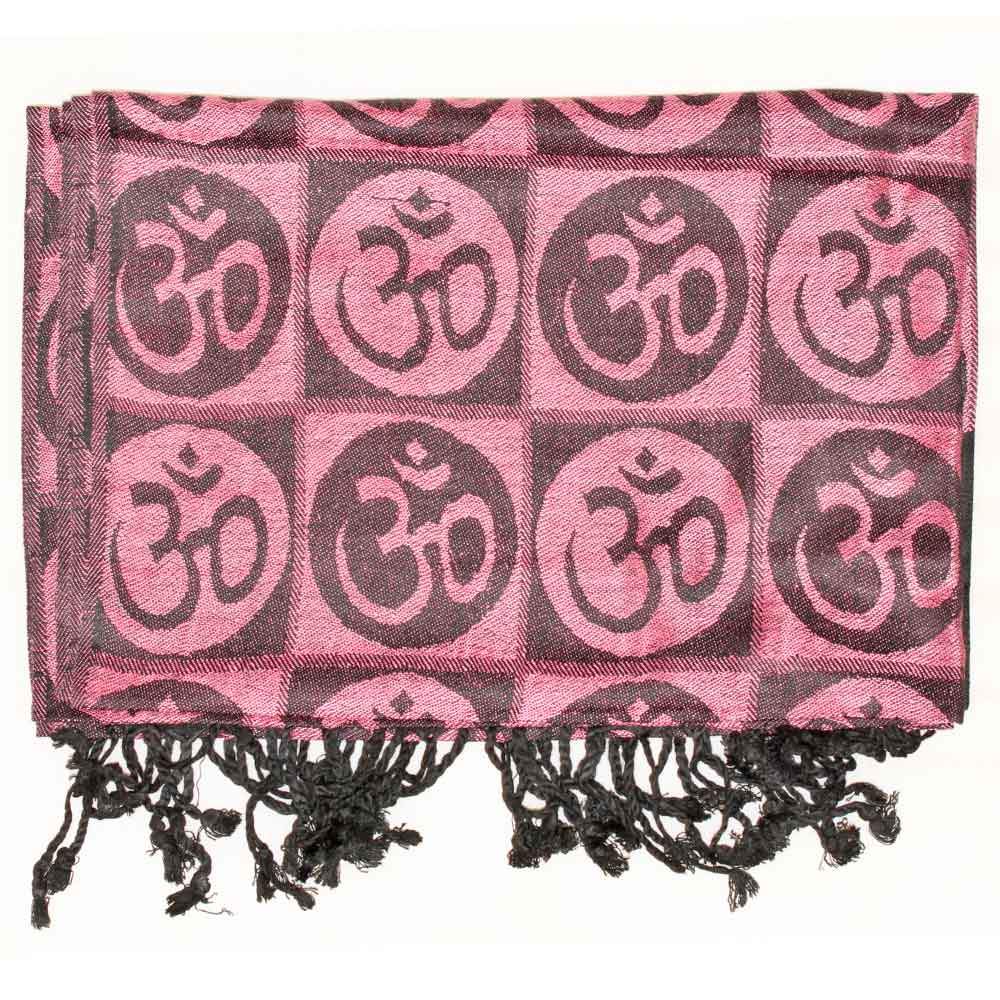 A beautifully handwoven scarf featuring the Om meditation symbol with braided tassels, showcasing its intricate design and vibrant colors.