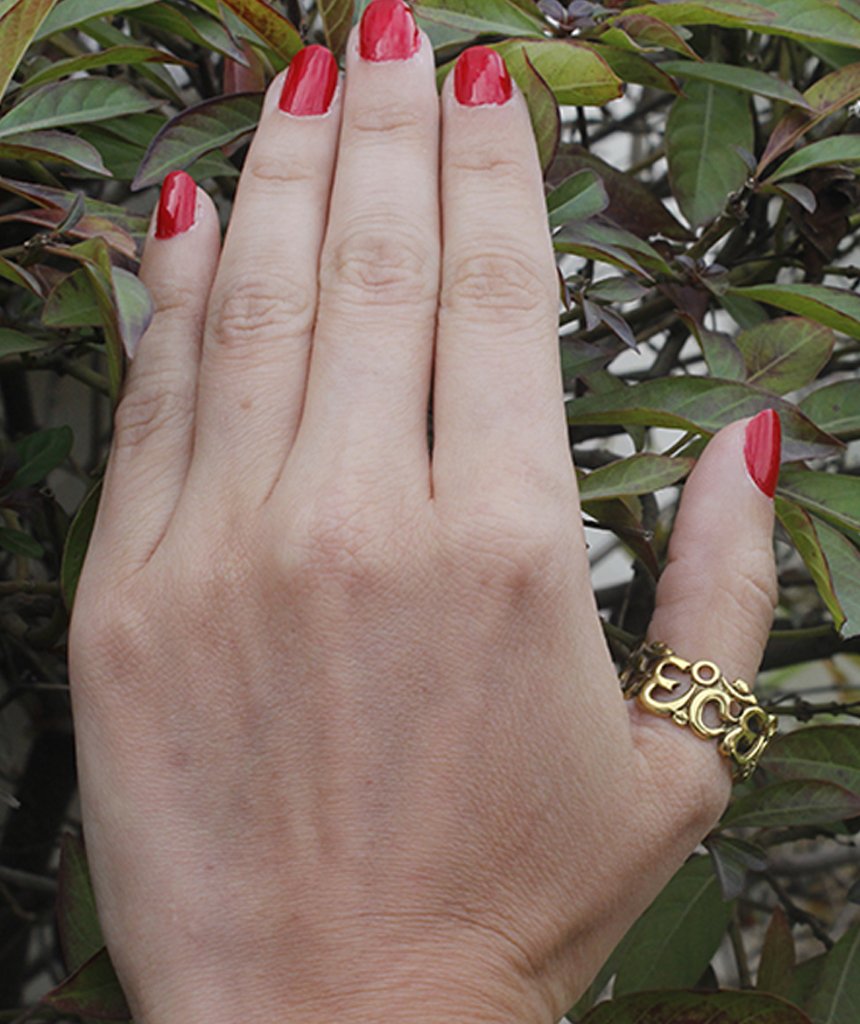 Handmade OM Ring featuring the sacred Om symbol etched in brass, perfect for sensitive skin.